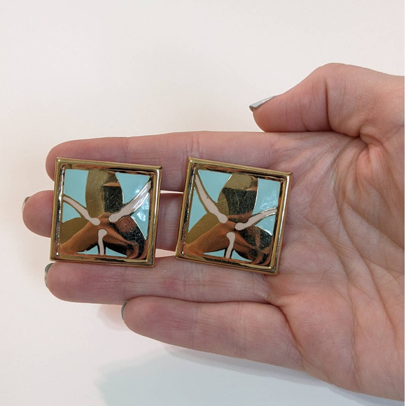 Vintage 80s Statement Earrings Large Gold Tone Metal Enamel Square Signed L Bott - Picture 7 of 7